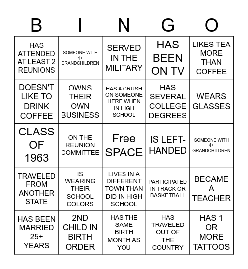 CLASS REUNION BINGO Card
