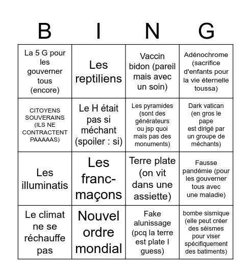 Les complots du gouv Bingo Card
