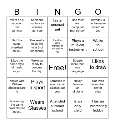 High School Classmate Bingo Card