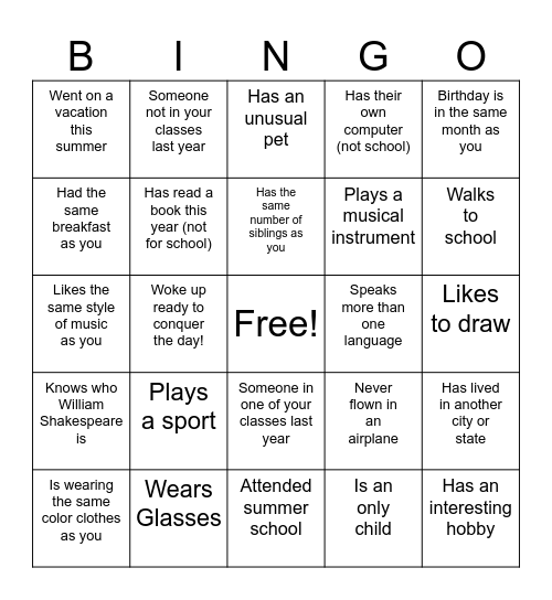 High School Classmate Bingo Card