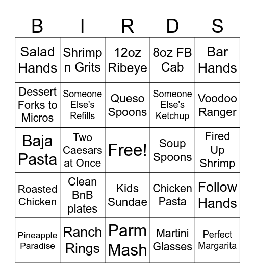 FOOD/BEV RUNNING BINGO Card