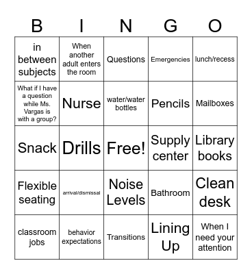 Classroom Routines Bingo Card