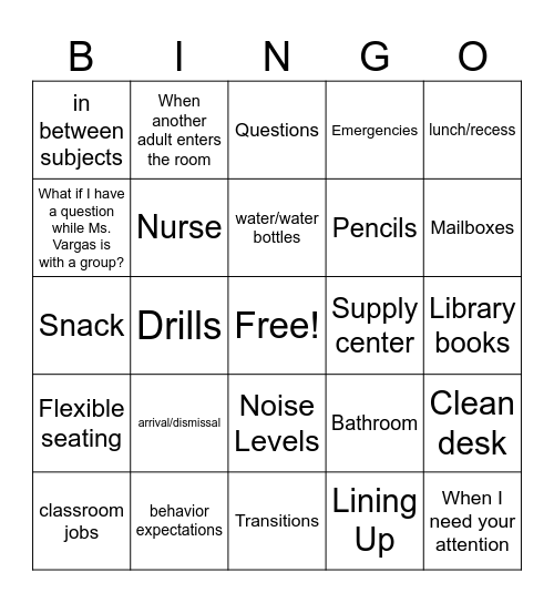 Classroom Routines Bingo Card