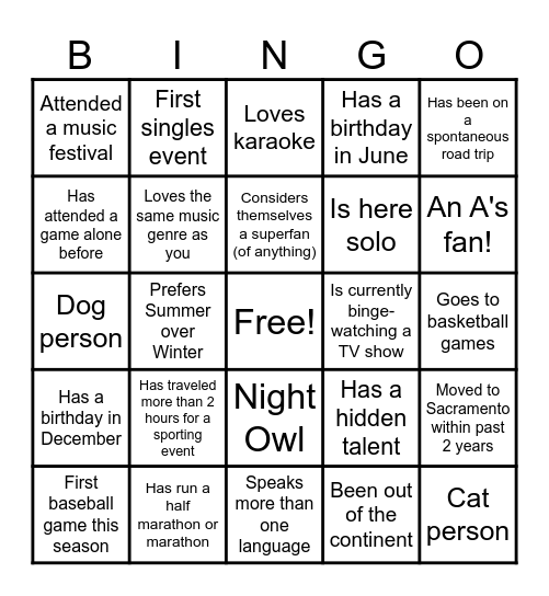 Welcome to Singles Night! Bingo Card