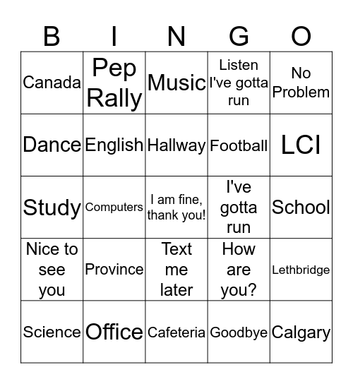 English Word Bingo Card