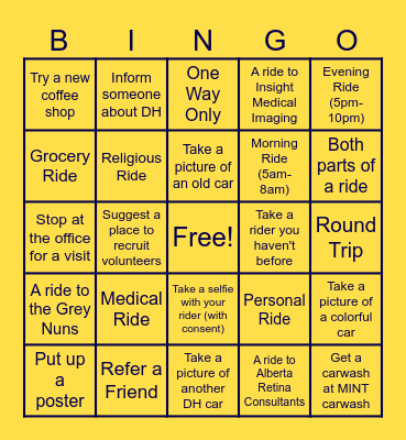 Drive Happiness Volunteer Bingo Card