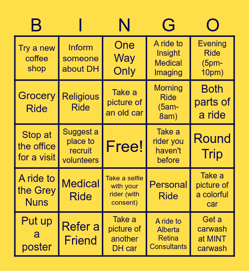 Drive Happiness Volunteer Bingo Card