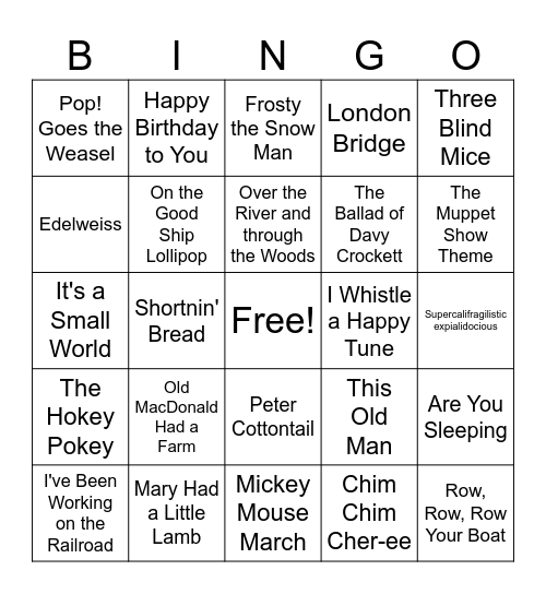 FAVORITE CHILDREN'S SONGS Bingo Card
