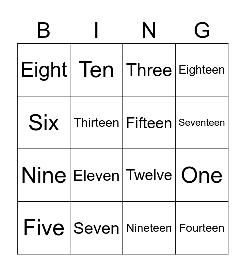 Numbers from 0 to 20 Bingo Card