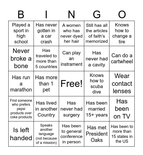 Getting To Know You Bingo Card
