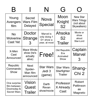 D23 Marvel & Star Wars Predictions Bingo Card