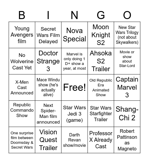 D23 Marvel & Star Wars Predictions Bingo Card
