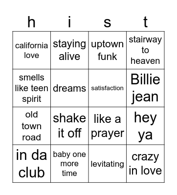 History Hits Bingo Card