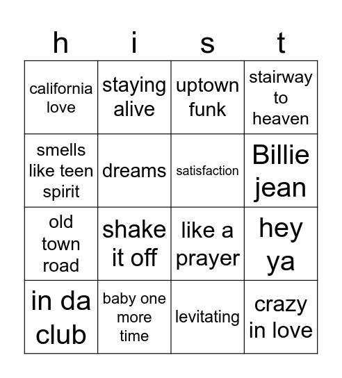 History Hits Bingo Card