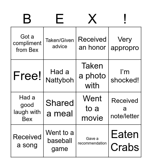 Bye bye Bex! Bingo Card