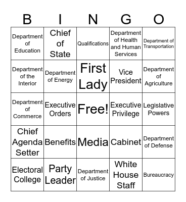 Executive Branch  Bingo Card