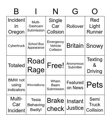 Wham Baam Dashcam Bingo! Bingo Card
