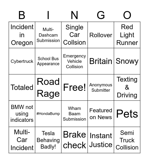 Wham Baam Dashcam Bingo! Bingo Card