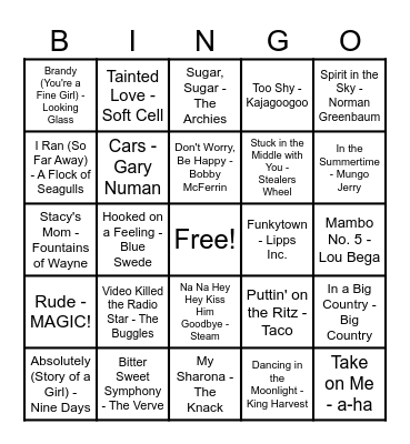 One Hit Wonders Bingo Card