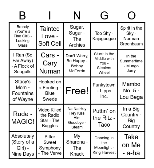 One Hit Wonders Bingo Card