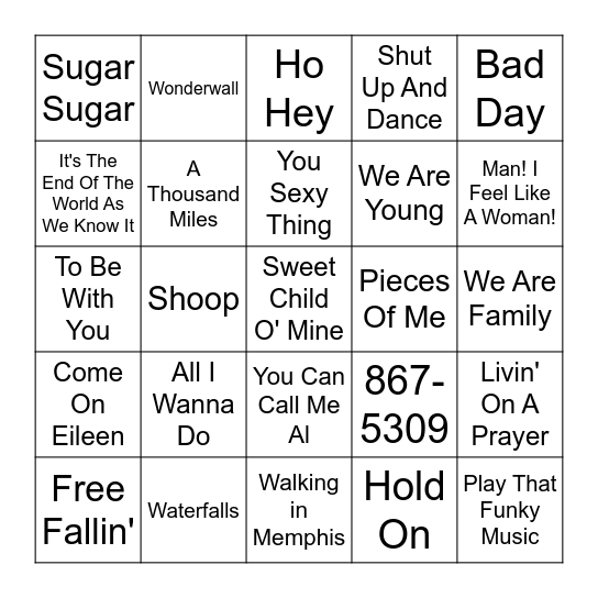 Shower Songs Bingo Card