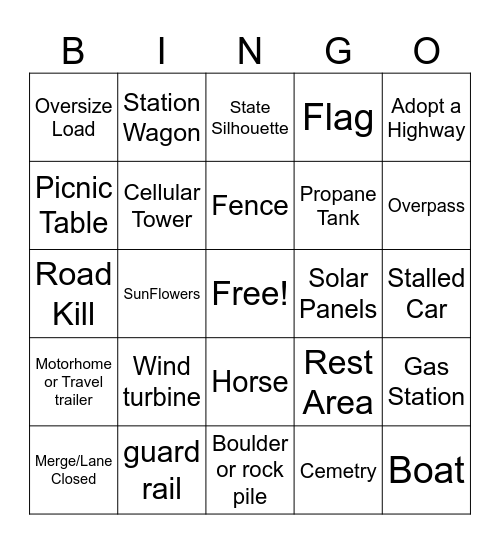 Montana/Wyoming Bingo Card