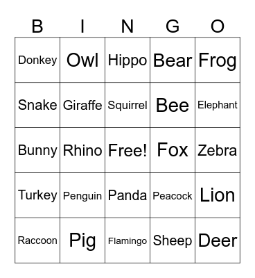 Animal Bingo Card