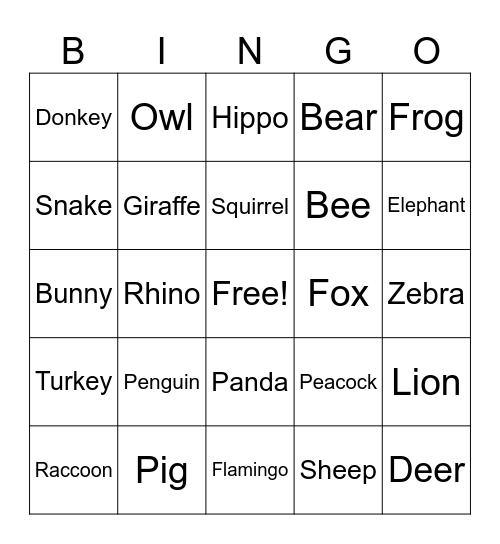 Animal Bingo Card