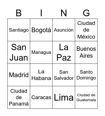 Capitales de los Países Hispanohablantes Bingo Card
