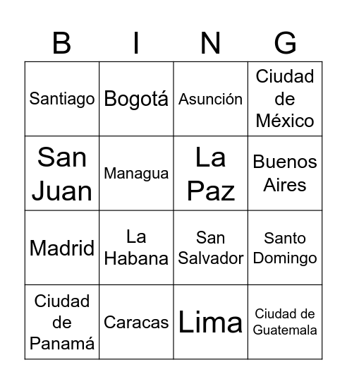 Capitales de los Países Hispanohablantes Bingo Card