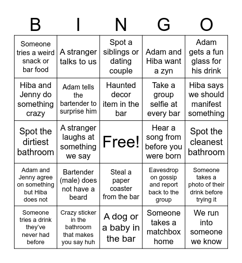 Bar crawl <3 Bingo Card