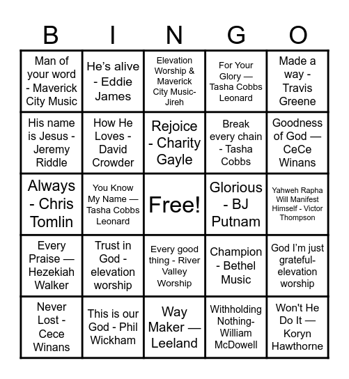 Praise & Worship Bingo Card
