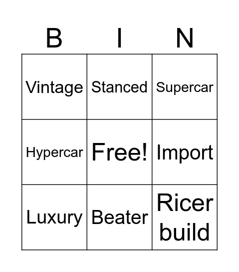 Car types Bingo Card