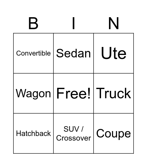 Car body types Bingo Card