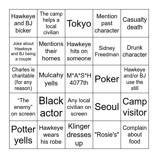 M*A*S*H Bingo Card