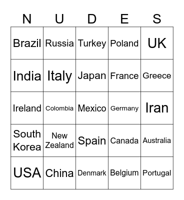 Countries Bingo Card