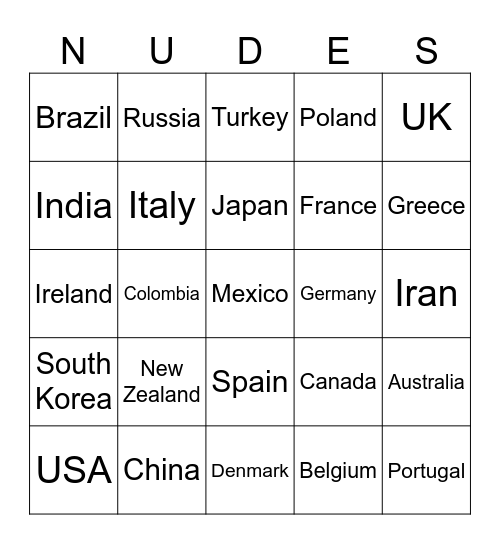 Countries Bingo Card