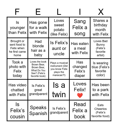 Felix's First Birthday Bingo! Bingo Card