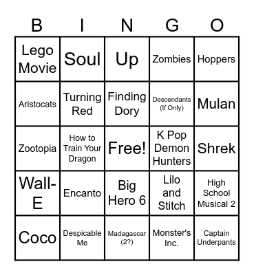 Kids' Movies Bingo Card