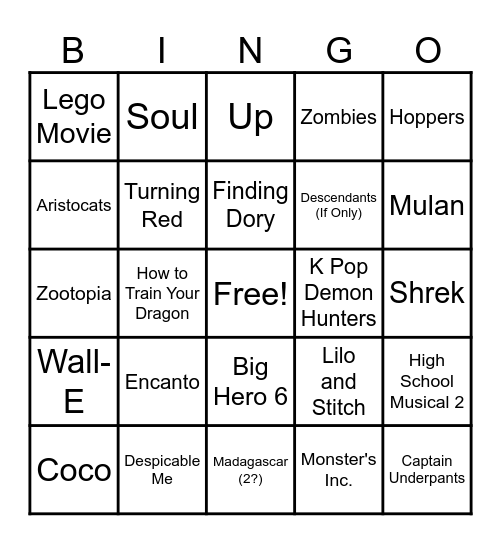 Kids' Movies Bingo Card