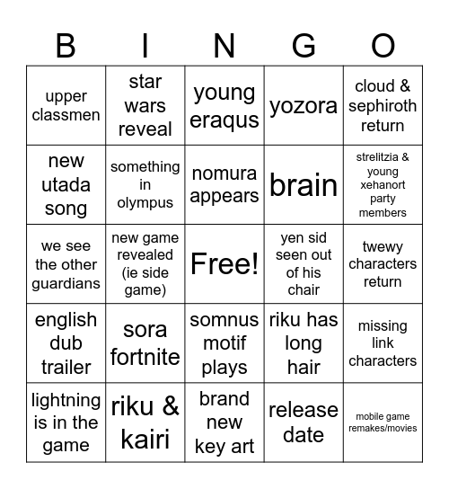 d23 king dom heart Bingo Card