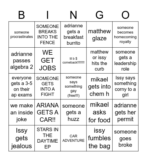 JUNIOR YEAR BINGO Card