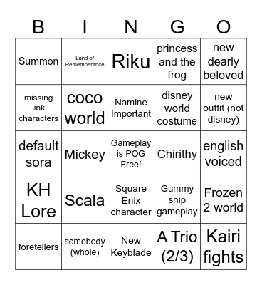 kingom hear Bingo Card