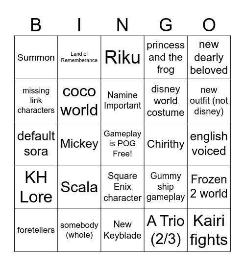 kingom hear Bingo Card