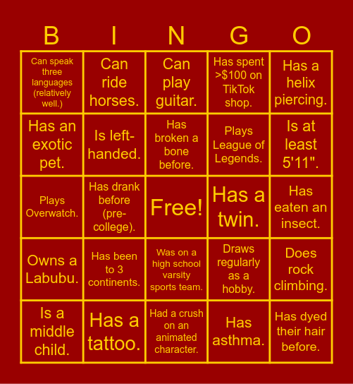 Freshman Bingo Card