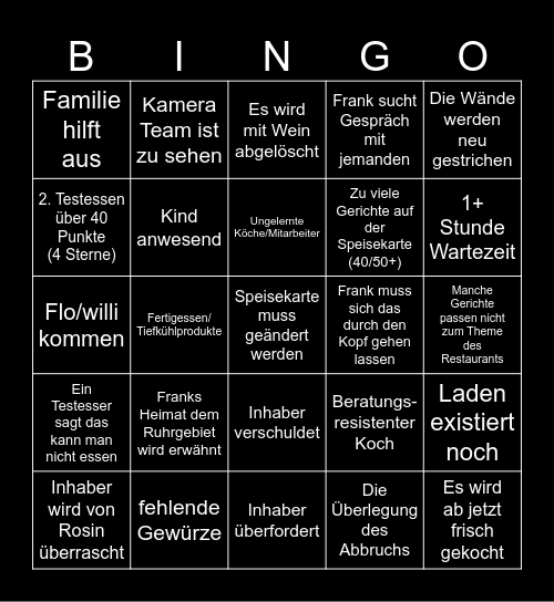 Rosins Restaurant Bingo Card