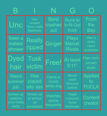 freshmen bingo Card