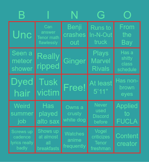 freshmen bingo Card