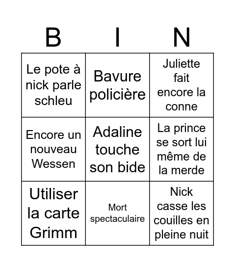 Juliette la conne Bingo Card