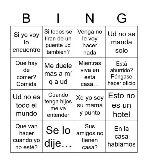 Frases de mamá Bingo Card